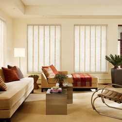 Transitional Beige Living Room Custom Window Vertical Blinds by Hunter Douglas - Vertical Blinds