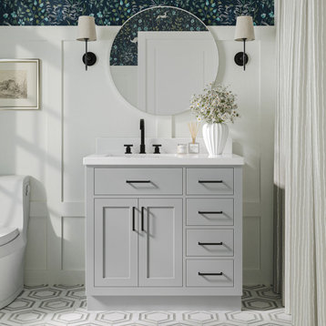 Ariel Hepburn 37" Left Rectangle Sink Vanity, Gray, 1.5" White Quartz
