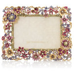 JAY STRONGWATER - Jay Strongwater Ophelia Floral Cluster 5"x7" Frame SPF5859-289 - An exuberant bouquet of flowers strewn around the Ophelia frame, each one engraved with textures and hand-polished highlights. Casted in pewter, finished in 18K gold and beautifully painted in shades of magenta, plum and lilac enamels by our finest artisans in Rhode Island and sparkling with hand-set Swarovski crystals. With our signature, striped metal back plate and kickstand  Inches� this frame is truly beautiful from any view. Stands vertically or horizontally. Pewter with a 18K gold finish, hand-enameled and hand-set with Swarovski crystals from the Jay Strongwater Rhode Island workshop. Jay Strongwater Item Number: SPF5859-289