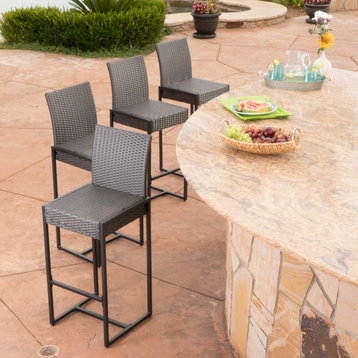 GDF Studio Conrad Outdoor Patio Gray Wicker Barstools, Set of 4