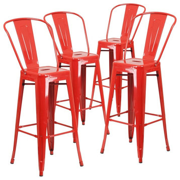 30" High Red Metal Indoor/Outdoor Barstools With Back, Set of 4