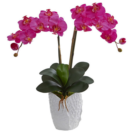 Double Phalaenopsis Orchid Artificial Arrangement, White Ceramic Vase