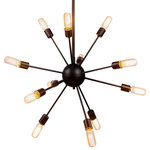 Gatsby Luminaires - Sputnik 12-Light 30" Chandelier, Aged Steel, LED - Transitional and chic this twelve light steel chandelier will add vintage and industrial look to any room of your home. Sunburst like pattern, each arm ending with exposed E26 edison style bulb (led edison style tube shape bulbs as shown included). Stylish and creative this chandelier will provide plenty of light for any space while adding unique statment.