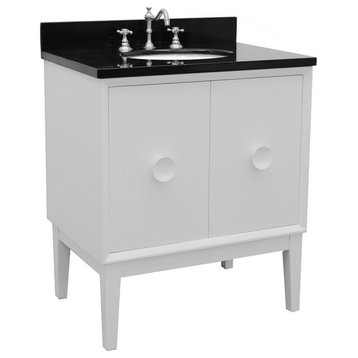 31" Single Vanity, White Finish With Black Galaxy Top And Oval Sink