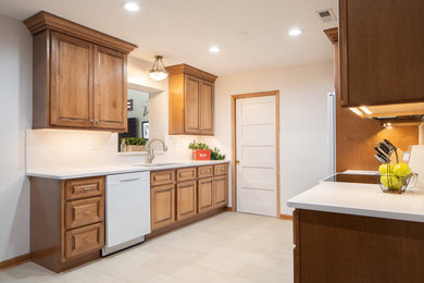 Mid-sized elegant galley terra-cotta tile and beige floor eat-in kitchen photo in Indianapolis with an undermount sink, raised-panel cabinets, porcelain backsplash, white appliances and white countertops