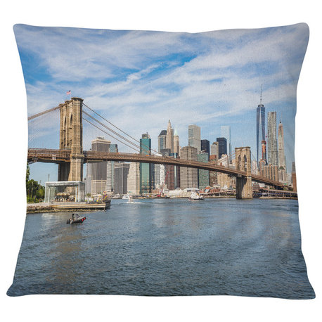 Summer Day Brooklyn Bridge Cityscape Throw Pillow, 18"x18"