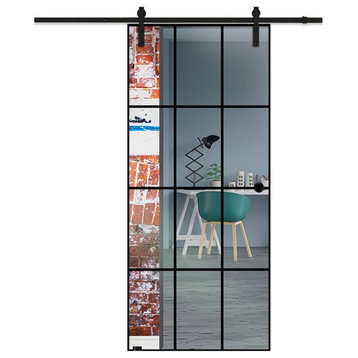 Frameless Sliding Glass Barn Door Industrial Style with Non-Private, 32"x84", Reacessed Grip