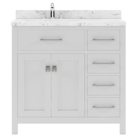 Caroline Parkway 36" Bath Vanity, White With Marble Quartz Top