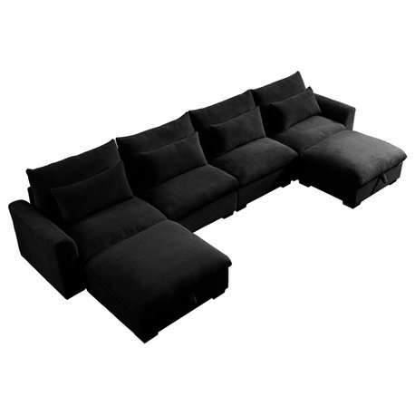Qearl Corduroy Sectional Sofa With Pillows, Black/4-Seater With 2-Ottomans