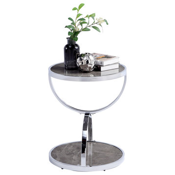 Contemporary Metal Marble-Top and Round Drum Side Tables and End Tables, Chrome, 19.9"x19.9"x23.8"