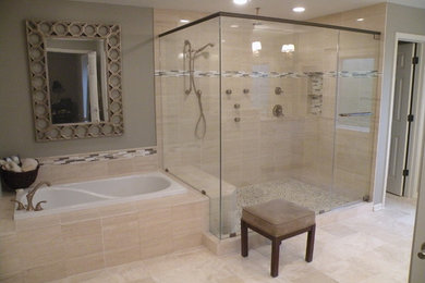 Bathroom - large modern master beige tile and porcelain tile ceramic tile bathroom idea in Kansas City with gray walls