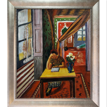 La Pastiche Reader Leaning Her Elbow on Table with Swirl Lip Frame, 25" x 29"