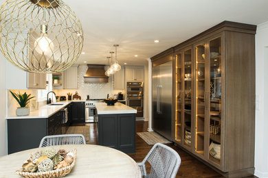 Eat-in kitchen - transitional dark wood floor eat-in kitchen idea in Detroit with an undermount sink, flat-panel cabinets, quartz countertops, stainless steel appliances and an island
