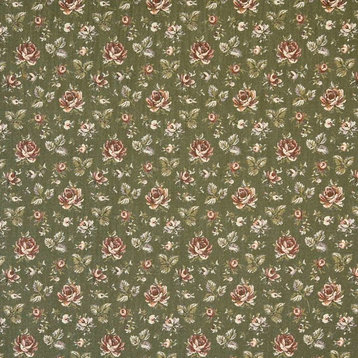 Green And Burgundy, Floral Tapestry Upholstery Fabric By The Yard