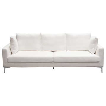 Seattle Loose Back Sofa in White Linen  Polished Silver Metal Leg