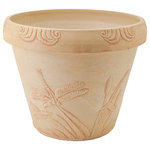 PSW Pots - Dragonfly Pot, Beige - Showcase your favorite flowers and greenery in the charming Dragonfly Pot. Made from a mix of recycled polymer, stone powder, and wood dust, this ecofriendly beige pot is lightweight, weather-resistant, and durable. Its embossed dragonfly design gives it a fun, whimsical feel.