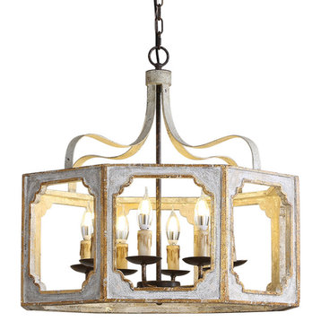 French 8-Light Lantern Chandelier Metal, Wood, Antique Gray, Gold