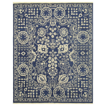 EORC Hand-knotted Wool Blue Traditional Oriental Suzani Rug, Rectangular 6'x9'