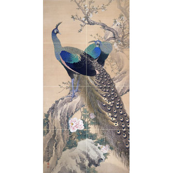 Tile Mural Japanese pattern peacock on sakura Backsplash Four Inch Marble