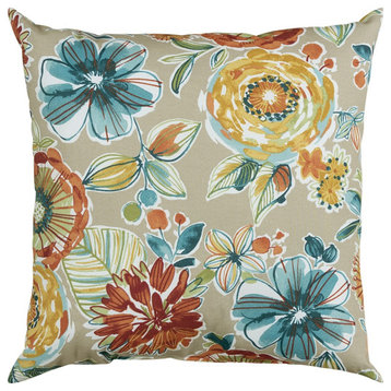 Taupe Floral Artwork Indoor Outdoor Throw Pillow