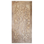 Mogul Interior - Consigned Vintage Indian Wall Panel, Radha Krishna Whitewashed Sliding Door - Vintage Indian Wall Panel, Radha Krishna Whitewashed Sliding Door, Studio, Resort, Reclaimed Wood, Carved Barn Door, 84x42, A unique handcarved wall sculpture for the accent wall or a decorative door, a collectors one-of-a-kind piece. The whitewashed carved Radha Krishna door is ideal for creating a statement wall and bringing a touch of classic old world style to your interiors. Handcarved Radha and Krishna Hold Flute under the kadambari tree in a lovers embrace, adding nuances of cultural beauty to any space. Carefully crafted from vintage reclaimed woods to display the patinas and beautiful floral design inspired by the temples of India. Radha and Krishna embracing under the Kadambari tree add natural and spiritual charm to your home. Enjoy a unique piece of art with a statement that will travel through time.