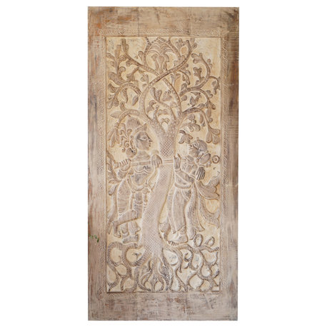 Consigned Vintage Indian Wall Panel, Radha Krishna Whitewashed Sliding Door