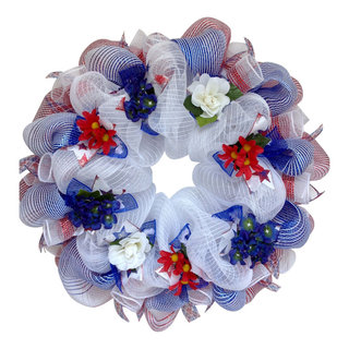 Patriotic Floral Deco Mesh Wreath Shimmering Red White And Blue -  Contemporary - Wreaths And Garlands - by What A Mesh By Diana