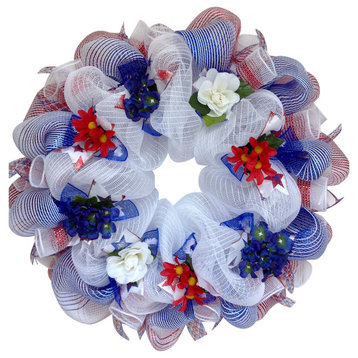 Patriotic Floral Deco Mesh Wreath Shimmering Red White And Blue, 20 Inch
