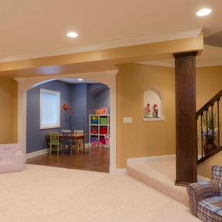 Photo of a large classic look-out basement in Chicago with orange walls and carpet.