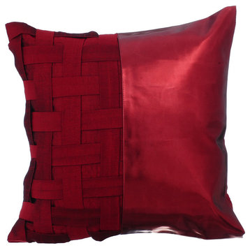 Basket Weave 26"x26" Silk Red Euro Pillow Shams, Red N Half