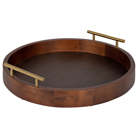 Lipton Round Decorative Tray with Metal Handles, Walnut/Gold 18" Diameter