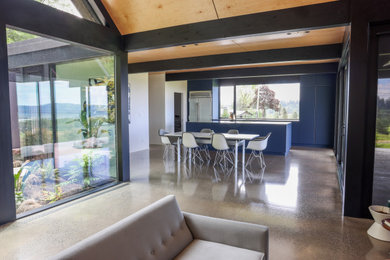 Inspiration for a mid-sized modern galley concrete floor eat-in kitchen remodel in Portland with an undermount sink, flat-panel cabinets, stainless steel appliances and an island