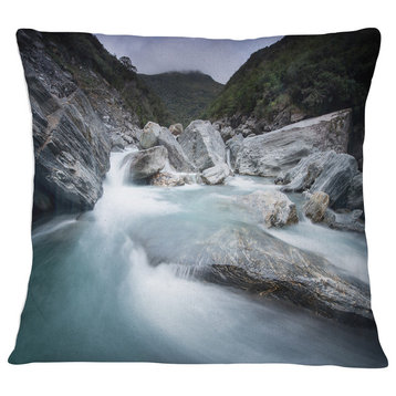 Slow Motion Mountain River in Blue Seashore Throw Pillow, 16"x16"