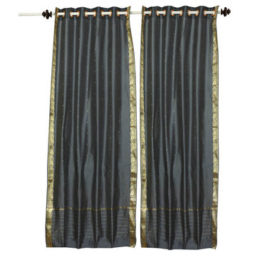 Dark Grey Ring Top  Sheer Sari Cafe Curtain / Drape / Panel  -43W x 36L -Piece