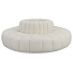 Meridian Furniture - Arc Upholstered Outward Curved Modular Sectional, Cream, 8-Piece: 8 Reverse Corner, Vegan Leather - Unleash modern opulence with the Arc Vegan Leather 8pc. Sectional. Crafted for the modern connoisseur, this Sectional injects an air of refined luxury into any space. Its sleek silhouette, upholstered in supple cream vegan leather, exudes timeless sophistication while the deep channel tufting adds textural intrigue, further elevating the chair's visual appeal. The modular design makes it a versatile chameleon, effortlessly adapting to your evolving needs and preferences. Whether you envision it gracing a chic living room corner, basking in the glow of a bedroom window, or adding a touch of drama to a home office, the Arc seamlessly complements your unique interior aesthetic.