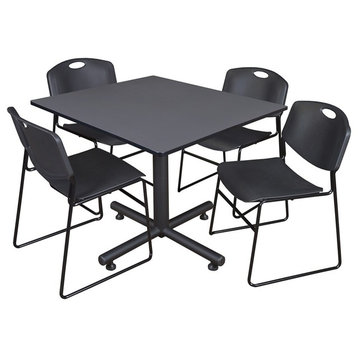 Kobe 48" Square Breakroom Table, Gray and 4 Zeng Stack Chairs, Black