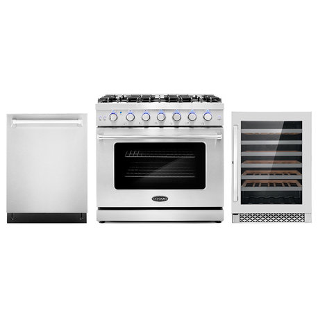 3-Piece, 36" Gas Range 24" Dishwasher and 48 Bottle Wine Refrigerator