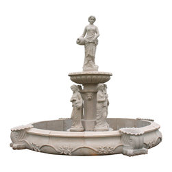 Spanish Statuary Fountain with Cornucopia Surround in Giallo Fantasia Granite - Outdoor Fountains And Ponds