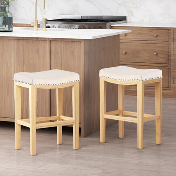 GDF Studio Jaeden Contemporary Studded Backless Stools, Set of 2, Beige Fabric Counter Height