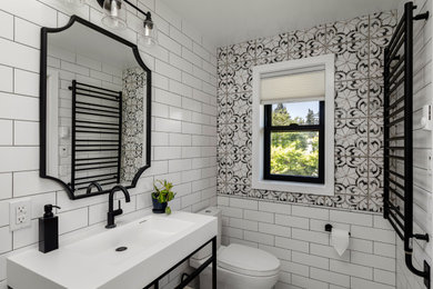 Example of a small transitional master white tile and subway tile mosaic tile floor and white floor bathroom design in Seattle with a one-piece toilet, white walls, a console sink and a freestanding vanity
