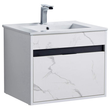 Alpine Wall Mount Bathroom Vanity and Sink, White Marble, 24"