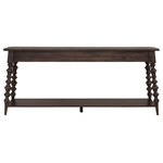 Pulaski Furniture - Revival Row Hall Console - Form and function meet artistic expression with the Revival Row Hall Console. The combination of the rectangular shape, splayed legs, and intricate carving creates a table that becomes the focal point of any space. Two drawers are seamlessly integrated into the design, offering a convenient space to store keys, scarves, or any other items you want to keep within reach but out of sight. An open shelf at the bottom is the perfect place for your favorite decor. The stretchers on each side of the table add stability, and the deep, rich Chimney Smoke finish contribute to a cohesive, well-designed look.