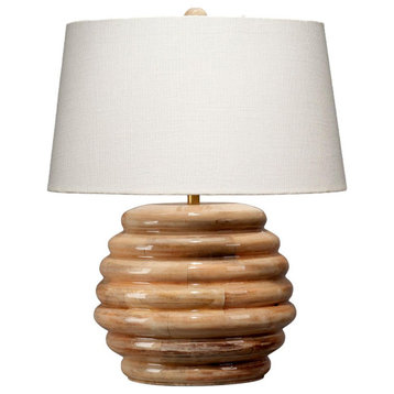 Thick Ribbed Lacquered Wood Fat Round Table Lamp 22 in Natural Bleached Carved