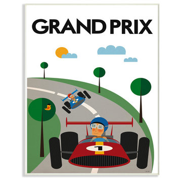 Green Orange Blue and Red Grand Prix Minimal Mod Race Cars Plaque, 12.5x18.5