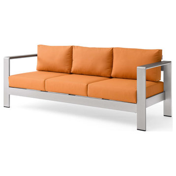 Lounge Sofa, Aluminum, Metal, Silver Orange, Modern, Outdoor Patio Cafe Bistro