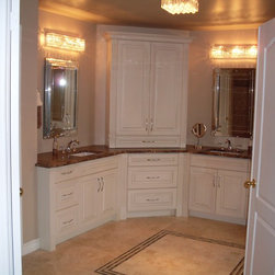cream angled vanity with center tower - Bathroom Vanities And Sink Consoles