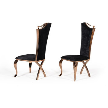Modrest Bonnie Transitional Black Velvet and Rosegold Dining Chair, Set of 2