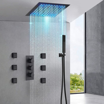 LED Shower Faucet System High Pressure Shower Head with 3-Way Thermostatic Valve, Matte Black, 12", 6 Body Jets