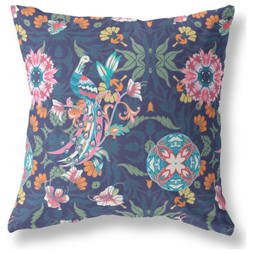 20" X 20" Floral Blue And Pink Broadcloth Floral Throw Pillow