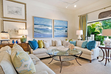 Design ideas for a large beach style formal enclosed living room in Miami with white walls, carpet, no fireplace, no tv and beige floor.